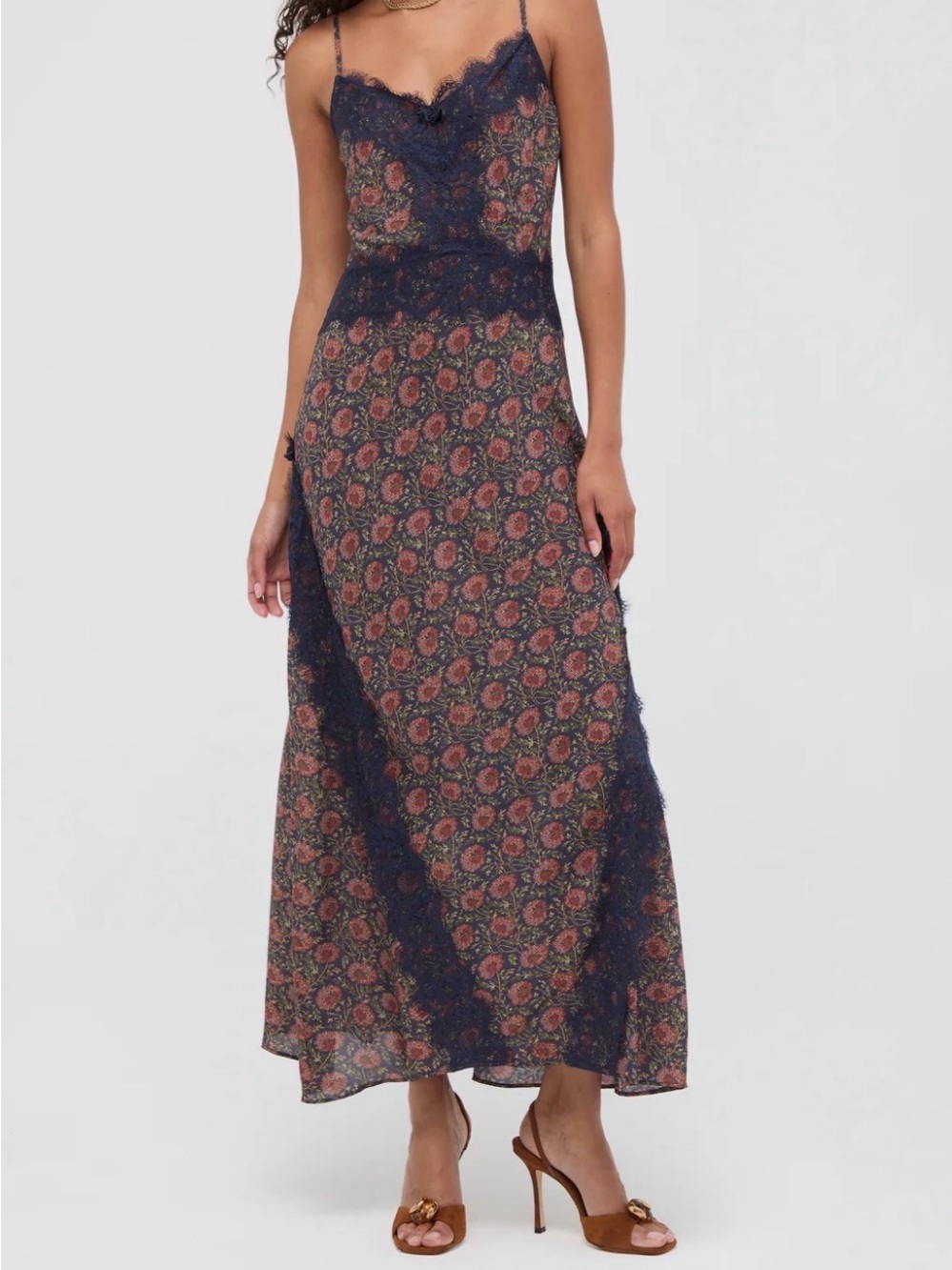 Hill House Floral Lace-Trim Maxi Dress in Navy and Rust